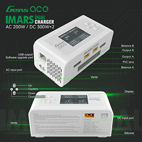 Gens Ace Lipo Battery Charger Imars Dual Smart Lipo Charger 15A AC 200W DC 600W RC Charger（White）