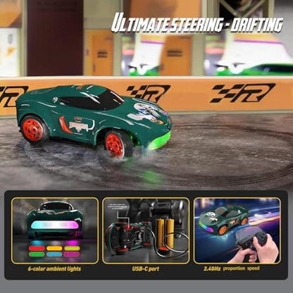 ANTSIR 1/64 RC Drift Car, 7 Colorful LED Lights 4WD RTR Racing Sports Gift | 2.4GHz,15KM/H High Speed, Drifting/Race Tires, Desktop Remote Control Car, Proportional Throttle, Matte Green Concept Model - color: Matte Green Concept Model