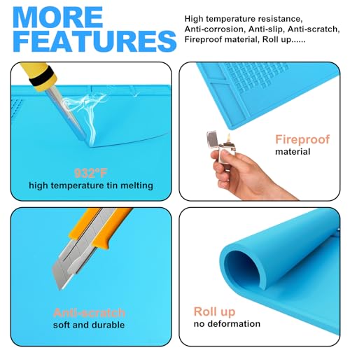 CPB Silicone Soldering Repair Mat, 13.7" x 9.8" Heat Resistant Work Mat | with Scale Rule and Screw Position for Soldering Iron, Electronics, Computer, Cellphone -（Blue）