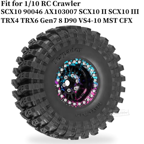 RC 1.9" Beadlock Wheel 1.9 Beadlock Tire for 1/10 SCX10 90046 AX103007 SCX10 II III TRX4 6 Gen7 8 RC Crawler,Alloy 1.9 rc Wheels and Tires Rubber Tires 1.9 Rims w/Wheels Ring,Rainbow - color: Rainbow(4pcs)