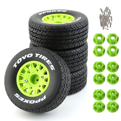1/10 RC Short Course Truck Tires And Wheels With 12mm 14mm 17mm Hex 113mm 1/8 Rubber Tyres For 1/8 or 1/10 Scale On Road Car HSP Sonic 94102 GT PTG-2 Tamiya TT02 RC Racing Car 4PCS (Green A) - color: Green A
