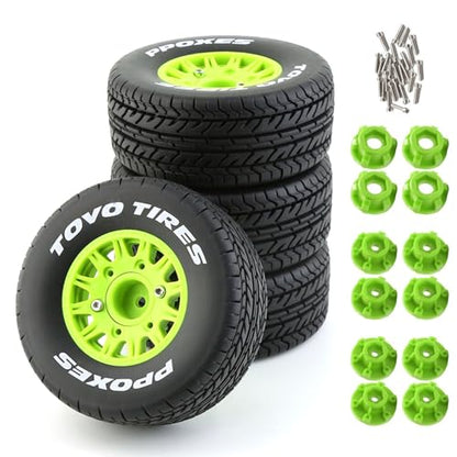 1/10 RC Short Course Truck Tires And Wheels With 12mm 14mm 17mm Hex 113mm 1/8 Rubber Tyres For 1/8 or 1/10 Scale On Road Car HSP Sonic 94102 GT PTG-2 Tamiya TT02 RC Racing Car 4PCS (Green A) - color: Green A