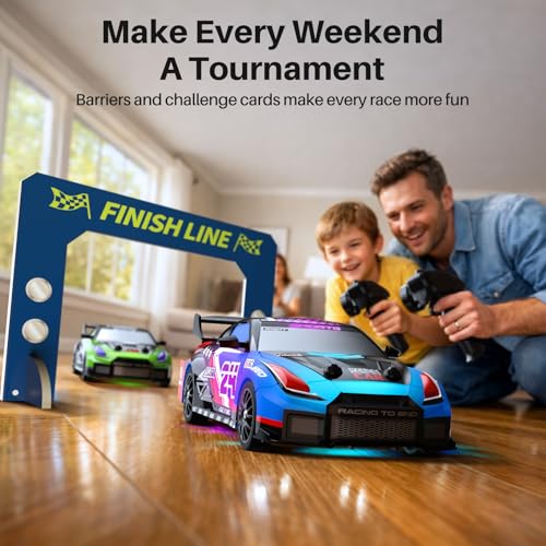 Geyiie 2 Pack RC Drift Cars, 1:24 Remote Control Car Set, Up to 70 Mins Per Car, LED Lights, Mini Track Barriers & Challenge Cards, 2 Player Indoor Gift for Boys & Girls