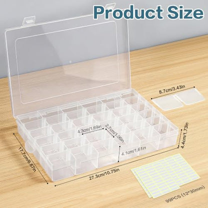 DILIBRA 2 Pack 36 Grids Large Plastic Organizer Box with Adjustable Divider | Clear Craft Organizers Bead Organizers with Label Stickers, Compartment Container for Beads Crafts Jewelry Fishing Tackles - size: 2 Pack 72 Grids