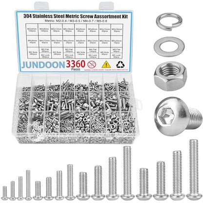 3360Pcs Metric Machine Screw Assortment Kit, M2 M3 M4 M5 304 Stainless Steel Hex Socket Button Head Bolts and Nuts Kit with Lock Washers & Flat Washers Set - color: 3360 Button Head M2 M3 M4 M5