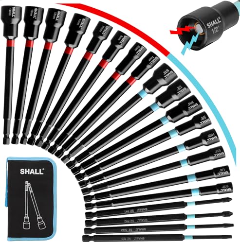 SHALL 20PCS Magnetic Nut Driver Set, 6” Long Nut Drivers for Impact Drill, SAE & Metric 1/4” Hex Shank Nut Driver Bit & Impact Drill Driver Bit w/Power Screwdriver Bits PH1/PH2/SQ2/T20, Storage Bag - size: 20Pcs Long Nut Drivers