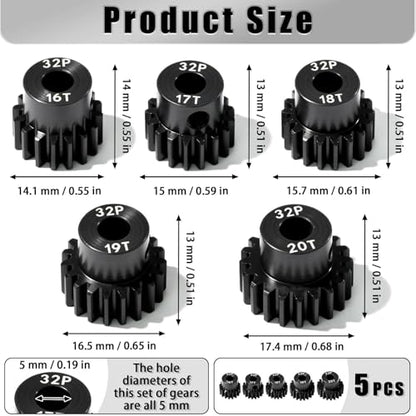 5Pcs 32P Hardened Steel Pinion Gear Set 5mm Shaft 16T 17T 18T 19T 20T Motor Pinion Gear with M4 Screw and Hex Key, for Arrma HPI Kyosho Losi Axial Traxxas Tamiya 1/10 RC Car and 540/550 Motors - size: 32P-HSP-5mm-16-20T