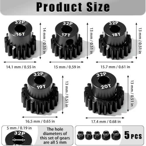 5Pcs 32P Hardened Steel Pinion Gear Set 5mm Shaft 16T 17T 18T 19T 20T Motor Pinion Gear with M4 Screw and Hex Key, for Arrma HPI Kyosho Losi Axial Traxxas Tamiya 1/10 RC Car and 540/550 Motors - size: 32P-HSP-5mm-16-20T