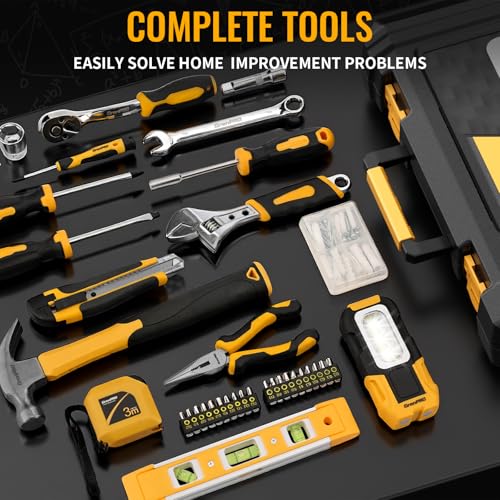 GRENPRO 219PCS Basic Home Auto Mechanic Hand Tool Kit with Storage Tool Box | Portable Tool Box, CR-V Steel, Complete Kit, Anti-Drop Slots, Household DIY, Auto Motorcycle, Home Garage For Men & Women - style: Yellow Hand Tool Set 219PC