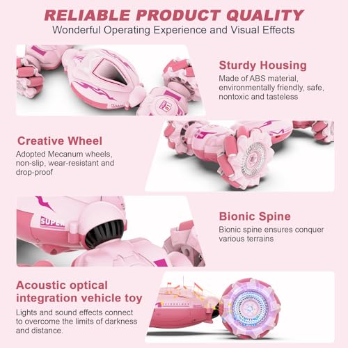 Fosgoit Pink RC Car Toys for Girls Aged 6-12, Gesture Sensing RC Stunt Cars with Lights Music for Girl Birthday Xmas Gifts, 2.4GHz 4WD Pink Remote Control Toy Double-Side Flip 360° All-Round Rotation - color: Pink