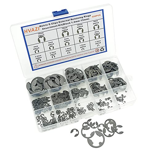 420PCS Metric 1.2-15mm E-Clips External Retaining Rings Kit | DIN 6799 Black Phosphate Circlips for Bearings, Shafts, Gears, Auto, RC, Electronics Repair