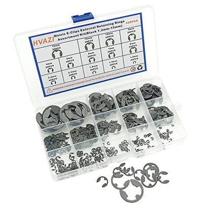 420PCS Metric 1.2-15mm E-Clips External Retaining Rings Kit | DIN 6799 Black Phosphate Circlips for Bearings, Shafts, Gears, Auto, RC, Electronics Repair