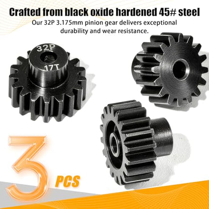 3PCS 32P Pinion Gear #45 Hardened Steel 3.175mm - 16T 17T 18T 0.8M Motor Pinion Gear Set for 1/10 RC Car, Compatible with Traxxas Arrma Tamiya Losi Brushless Brushed Motor Upgrade Parts - size: 16 17 18T