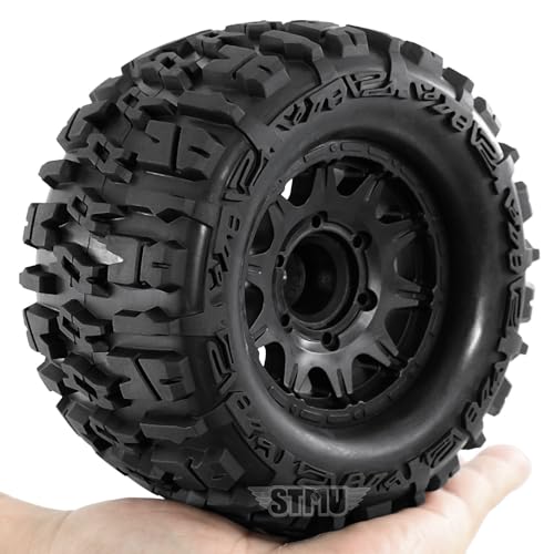 STMU 12mm/14mm Hex RC Wheels & Tires Set for 1/10 RC Trucks - Compatible with Traxxas Rustler, Stampede, Hoss 2WD/4X4 VXL, Arrma, Redcat, RIAARIO, AMORIL - 4PCS (Black) - color: Black