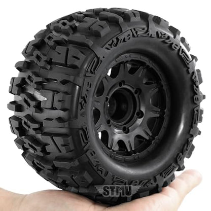 STMU 12mm/14mm Hex RC Wheels & Tires Set for 1/10 RC Trucks - Compatible with Traxxas Rustler, Stampede, Hoss 2WD/4X4 VXL, Arrma, Redcat, RIAARIO, AMORIL - 4PCS (Black) - color: Black