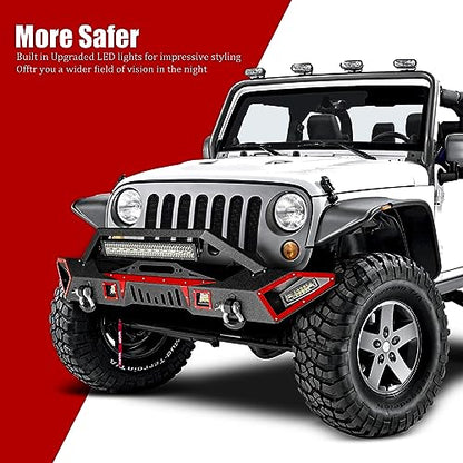Steel JK Front Bumper with Winch plate is Applicable to 2007-2026 Wrangler JK/JL&2020-2021-2026 Gladiator JT, Black Textured Bumper with LED Light Bar & D-Rings - size: 2007-2026 JK/JL/JT Front Bumper with LED Lights