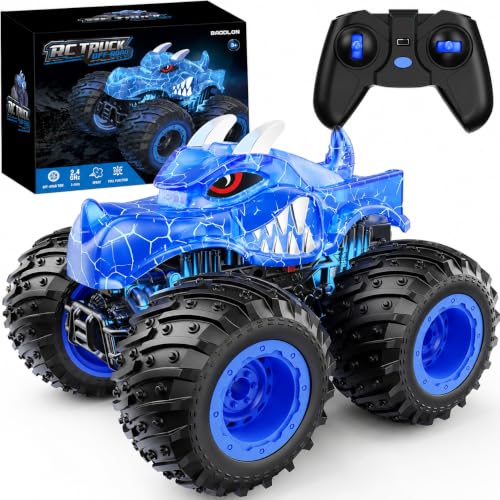 BAODLON Remote Control Monster Car, 2.4GHz RC Monster Trucks Toys for 3 4 5 6 7 8 Years Old Boys Kids, All Terrain RC Truck Off Road with Spray, Light, Rechargeable Battery, Christmas Birthday Gifts - style: Dinosaur-blue