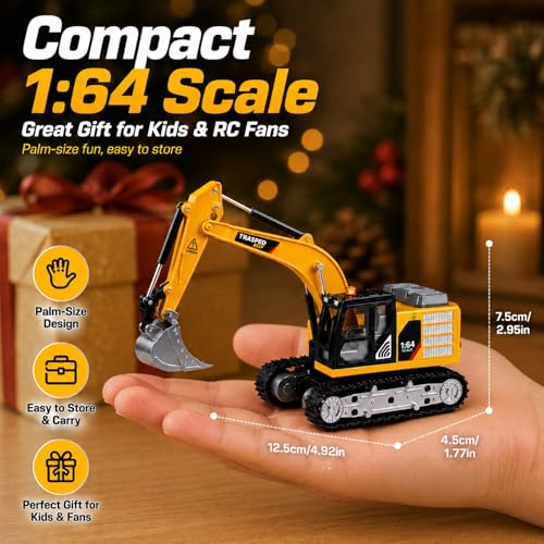 Mini RC Excavator, 1/64 Remote Control Excavator with Lights & Sounds, App & 2.4GHz RC Alloy Rechargeable Construction Vehicle Toy with Lights & Sounds, Gift for Boys Girls Adults - style: RC Excavator