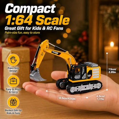 Mini RC Excavator, 1/64 Remote Control Excavator with Lights & Sounds, App & 2.4GHz RC Alloy Rechargeable Construction Vehicle Toy with Lights & Sounds, Gift for Boys Girls Adults - style: RC Excavator