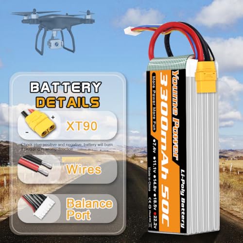 Yourme 6S LiPo Battery 22.2V 3300mAh 50C XT90 2Packs for RC Car Drone Boat | 2pcs 6S Lipo Soft Case 22.2V 3300mAh 50C XT90 Plug for RC airplane helicopter quadcopter drone truck boat, high performance - style: 2x 22.2V 3300mAh