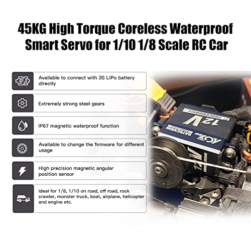 AGFRC SA75CVSW V2 45KG 12V Waterproof Servo for 1/8 RC Cars | 0.090Sec/60° @12V, Programmable, Coreless motor, Full Metal Gear, 180°, Fits 1/10 & 1/8 RC Cars/Trucks/Crawlers