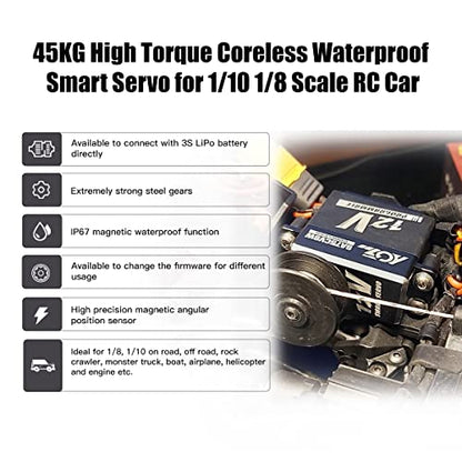 AGFRC SA75CVSW V2 45KG 12V Waterproof Servo for 1/8 RC Cars | 0.090Sec/60° @12V, Programmable, Coreless motor, Full Metal Gear, 180°, Fits 1/10 & 1/8 RC Cars/Trucks/Crawlers