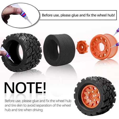 OGRC Wheels and Tires 12mm/14mm Hex RC Truck Tires with Foam Inserts for 1/10 Scale Arrma Granite Axial Losi Redcat Rc4wd RC Monster Truck Buggy (Orange)