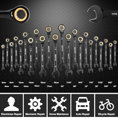 GRENPRO 23PCS Ratcheting Combination Wrench Set SAE Metric Mechanic Tools | 1/4"-3/4"&6-18MM Bolt Gauge, Electro-Coated CR-V 72-Tooth 5Deg Swing 12Pt Corrosion Resistant, Roll Pouch Auto&HomeRepair - style: Ratcheting Wrench Set (Metric&SAE)