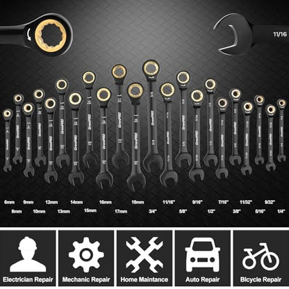 GRENPRO 23PCS Ratcheting Combination Wrench Set SAE Metric Mechanic Tools | 1/4"-3/4"&6-18MM Bolt Gauge, Electro-Coated CR-V 72-Tooth 5Deg Swing 12Pt Corrosion Resistant, Roll Pouch Auto&HomeRepair - style: Ratcheting Wrench Set (Metric&SAE)