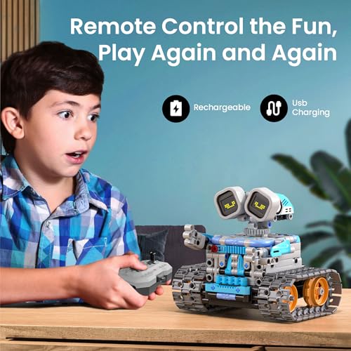 Sillbird Building Robot Kit STEM Gifts for Kids 8-13 with Remote Control | Coding Robotic Set, Birthday Presents for Boy, App-Controlled, Buildable 5in1 Models, Rechargeable Toy, LED Eyes, 473 Pieces - color: Gray-blue