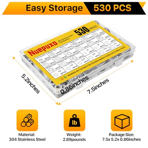 530PCS Flat Washers Assortment Kit, 304 Stainless Steel Washers | Fender Washers, 24 Sizes (M3 M4 M5 M6 M8 M10 M12 6# 8# 10# 12# 1/4 5/16 3/8 7/16 1/2) SAE + Metric Metal Washers for Screws - style: 530PCS (Metric+SAE)