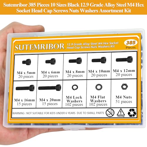 385 Pieces M4 Screws Nuts Washers Set Black, Sutemribor M4 x 5/6/8/10/12/16/20mm Hex Socket Head Cap Screws Nuts Washers Assortment Kit, 12.9 Grade Alloy Steel, Fully Threaded - size: M4, style: Socket Head