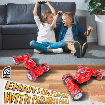 Pristar RC Stunt Cars, Gesture Sensing Remote Car Toys for 6-12 Boys Girls | 2.4Ghz Hand Remote Control Car with Spray Lights Music 360° Rotation 4WD Off-Road, Birthday Xmas Gifts for Kids Age 6-12 - color: Red