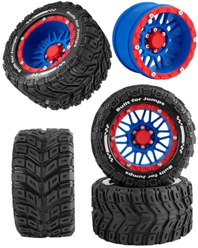RC Wheels and Tires for 1/16 Scale,RCarmubWow Plastic Rim Rubber Tires for 1/16 Summit E-Revo Gorgon Grom,Mini Kraton 3S, M-J-X16207-16210, H-B-X16889 16890,S-C-Y16101-16106 RC Truck,Navy Blue&Red - color: Navy Blue W/Red(4pcs)