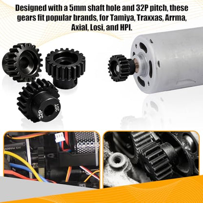 32P 20T RC Car Gear Set | 45# Steel Black Oxide | 5mm Bore +0.03mm | Precision Engineered Motor Pinion Gear Compatible with Traxxas/ARRMA/HPI/Kyosho (3-Pack with M4 Set Screws) - style: 3Pcs 20T