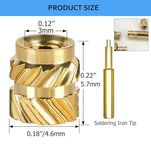 QSJ 120Pcs Threaded Inserts Heat Set Inserts Kit M3x5.7x4.6 Brass Insert Nut with Soldering Iron Tip for 3D Printed Plastic Materials - size: (120pcs) M3x5.7x4.6