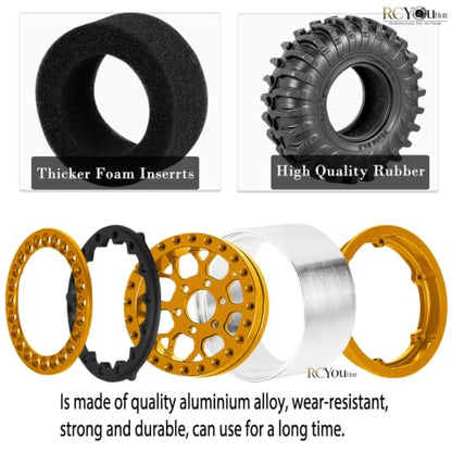 RC 1.3 Beadlock Wheel Tires&Aluminum Wheel Rim for 1/24 SCX24 FCX24,1/18 TRX4M RC Crawler Car,1.3 Beadlock Wheels and Tires/Wheels Tire,Golden (4PCS) - color: Golden- (Wheel Tires)