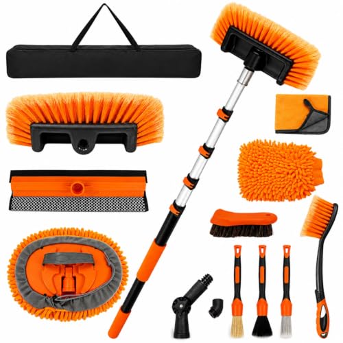 12FT Car Wash Brush with Long Handle Extension Pole Soft Bristle Car Cleaning Kit,Wheel & Tire Brush,Microfiber Wash Mop & Mitt,Window Squeegee,Detailing Brushes for Car RV Truck Boat House