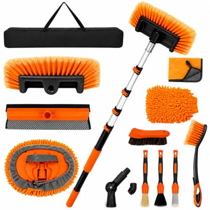 12FT Car Wash Brush with Long Handle Extension Pole Soft Bristle Car Cleaning Kit,Wheel & Tire Brush,Microfiber Wash Mop & Mitt,Window Squeegee,Detailing Brushes for Car RV Truck Boat House