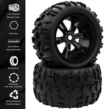 GLOBACT 1/8 1/10 RC Monster Tires 17mm Hex RC Wheels and Tires PreGlued | Preglued RC Tires, Fits TRX E-Revo/T-Maxx/Summit/Kraton/Outcast
