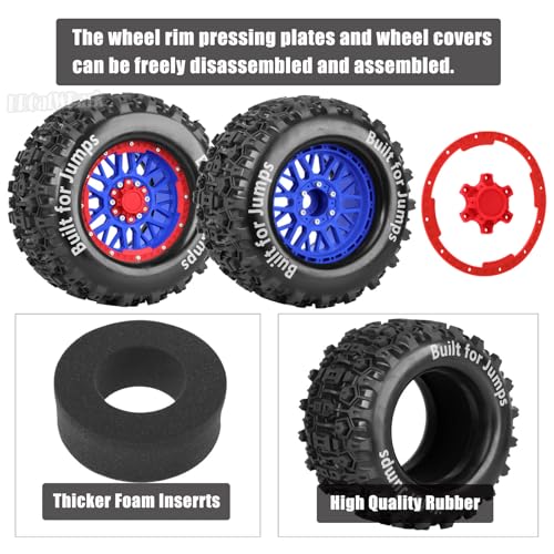 17mm Hex 1/7 1/8 1/10 RC Wheels and Tires for 1/10 Revo/Summit/T-Maxx/E-Revo,1/8 Kraton/Outcast/Fireteam/Notorious 6S,Sledge,1/7 Fireteam 6S,etc RC Monster Truck,(4Pcs) Red Blue - color: Red Blue - (Rc Truck Tires)