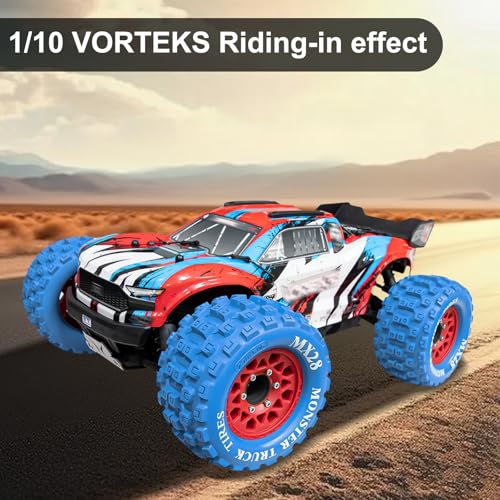 LRFHL MX28 F/R 2.8" RC Monster Truck Tires and Wheels 4PCS, Blue | 12mm/14mm Hex Adapter, 1/10 RC Monster Truck, Compatible with Traxxas Stampede Rustler Redcat Arrma Vorteks Big Rock Granite - color: Blue Tires+ Red Wheel-8