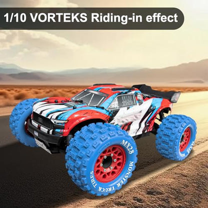 LRFHL MX28 F/R 2.8" RC Monster Truck Tires and Wheels 4PCS, Blue | 12mm/14mm Hex Adapter, 1/10 RC Monster Truck, Compatible with Traxxas Stampede Rustler Redcat Arrma Vorteks Big Rock Granite - color: Blue Tires+ Red Wheel-8