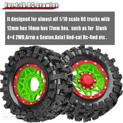 1/10 Scale RC Truck Tires,Wheels and Tires w/12/14/17MM Hex for Rustler Stampede Hoss,Arrm a Granite Vorteks Big Rock 3S,1/10 Off Road Tires Rubber Truck Tyres w/Foam Insert,Green w/Red - color: Green W/Red(4pcs)