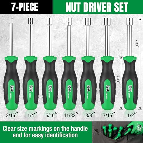 SK 7-Piece SAE Nut Driver Set, 3-Inch Deep Solid Shaft, Premium CR-V Steel | 3/16", 1/4", 5/16", 11/32", 3/8", 7/16", 1/2", Heat-Treated Chrome Plating Long Shaft, SureGrip Handle - size: SAE