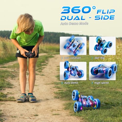 Remote Control Stunt Car 4WD 360° Flip Double‑Sided RC Cars, LED Light Bar, USB‑C Modular Battery, 2.4 GHz Outdoor Beach Toy for Boys 6‑12 Years Old, Birthday & Christmas Kids Gift, Blue - color: Blue