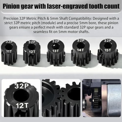 5Pcs 32P Hardened Steel Pinion Gear Set 5mm Shaft 11T 12T 13T 14T 15T Motor Pinion Gear with M4 Screw and Hex Key, for Arrma HPI Kyosho Losi Axial Traxxas Tamiya 1/10 RC Car and 540/550 Motors - size: 32P-HSP-5mm-11-15T