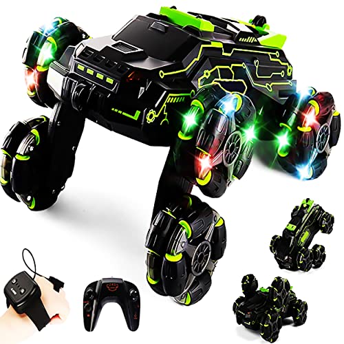 Chandler RC Car Rechargeable USB 6 Wheels Drive Smoke Light Dual Grip Remote Control Hand Gesture Sensor an Off Road Climbing Drift Stunt 360 Degree Rotating Flipping Back Car JC03 (Green) - color: Green