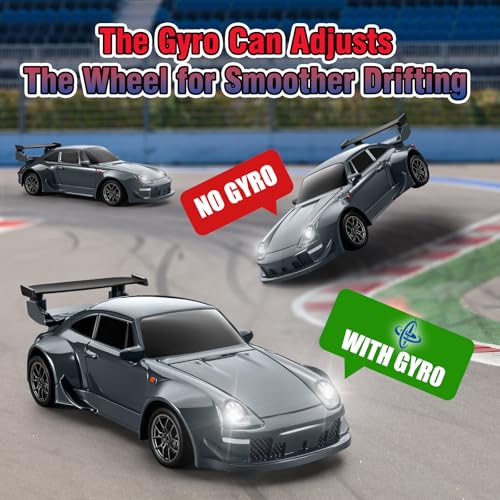 Mini RC Drift Car with Gyro, 1:43 4WD Full Proportional RC Cars, 18KM/H High Speed Remote Control Car with Lights, Extra Racing Tires, Vehicle for Adults Kids Boys, Gray - color: Gray