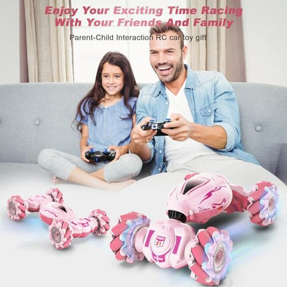 Fosgoit Pink RC Car Toys for Girls Aged 6-12, Gesture Sensing RC Stunt Cars with Lights Music for Girl Birthday Xmas Gifts, 2.4GHz 4WD Pink Remote Control Toy Double-Side Flip 360° All-Round Rotation - color: Pink
